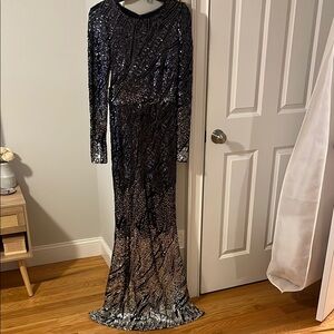 Betsy & Adam Navy and Silver Sequin Gown NWT